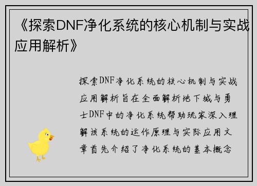 《探索DNF净化系统的核心机制与实战应用解析》