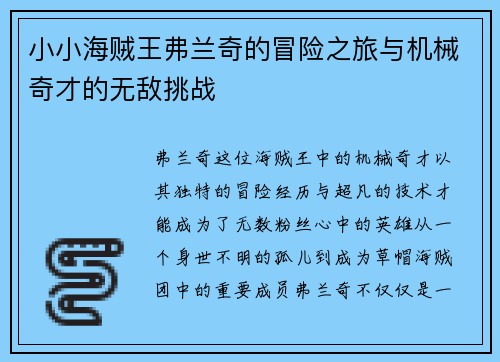 小小海贼王弗兰奇的冒险之旅与机械奇才的无敌挑战